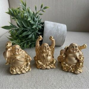 SET OF 3 | Gold Tone Laughing Buddha Trio | Feng Shui | Wealth & Joy